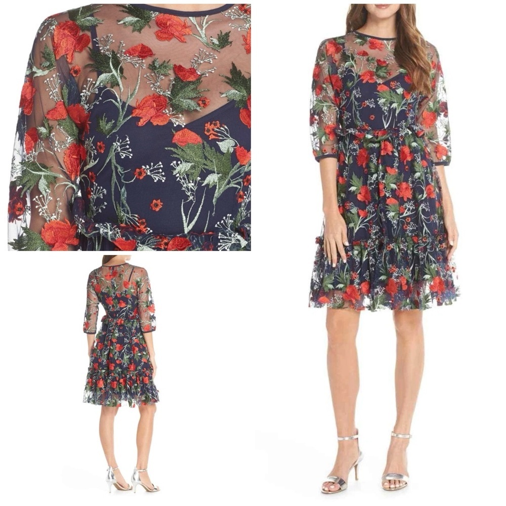 NWT 1901 Navy Dress with Red Floral Embroidery Ruffle Formal Cocktail Dress